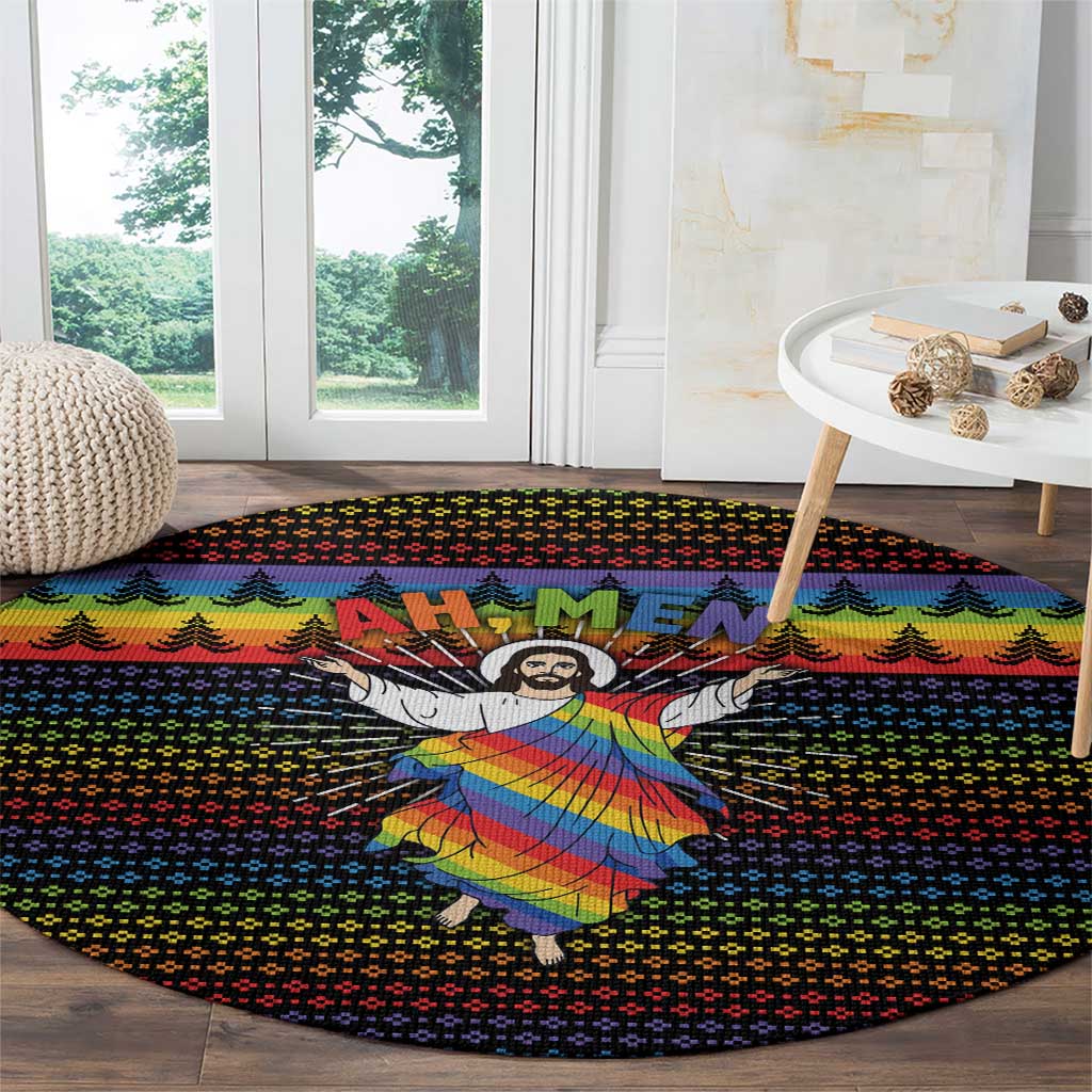Rainbow Jesus Ah Men Christmas Round Carpet with Colorful Stripes and Holiday Pattern - Wonder Print Shop