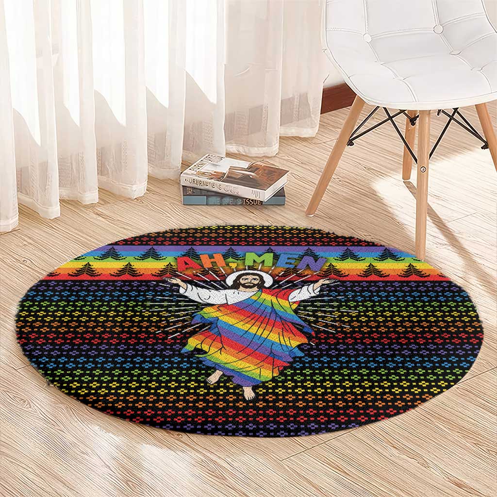 Rainbow Jesus Ah Men Christmas Round Carpet with Colorful Stripes and Holiday Pattern - Wonder Print Shop