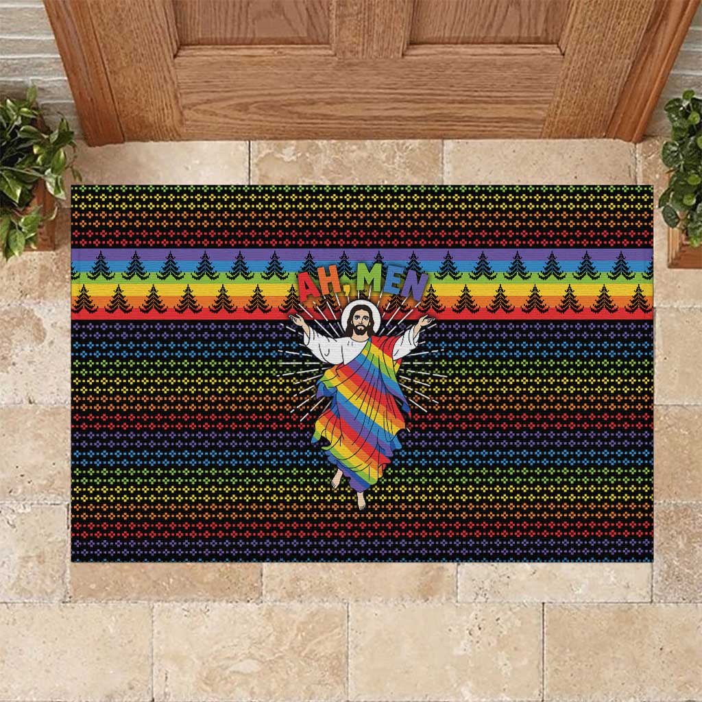 Rainbow Jesus Ah Men Christmas Rubber Doormat with Colorful Stripes and Holiday Pattern - Wonder Print Shop