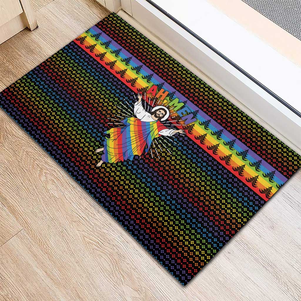 Rainbow Jesus Ah Men Christmas Rubber Doormat with Colorful Stripes and Holiday Pattern - Wonder Print Shop