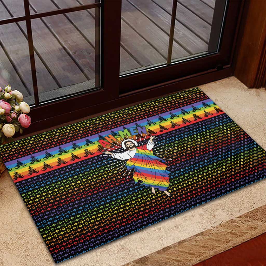 Rainbow Jesus Ah Men Christmas Rubber Doormat with Colorful Stripes and Holiday Pattern - Wonder Print Shop