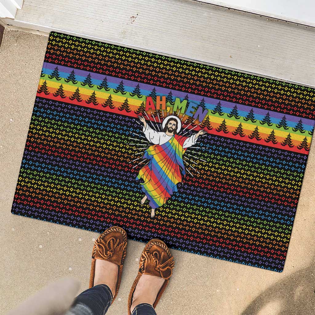 Rainbow Jesus Ah Men Christmas Rubber Doormat with Colorful Stripes and Holiday Pattern - Wonder Print Shop