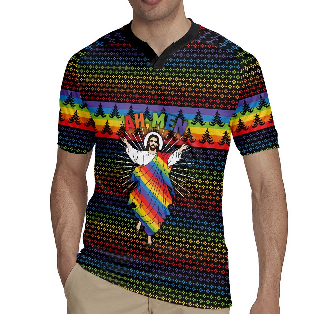 Rainbow Jesus Ah Men Christmas Rugby Jersey with Colorful Stripes and Holiday Pattern - Wonder Print Shop