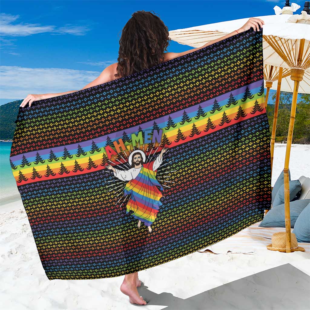 Rainbow Jesus Ah Men Christmas Sarong with Colorful Stripes and Holiday Pattern - Wonder Print Shop