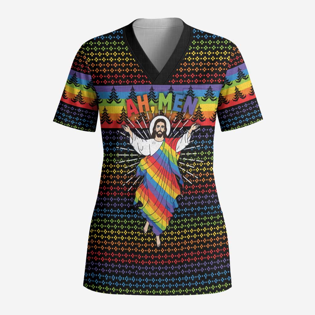 Rainbow Jesus Ah Men Christmas Scrub Top with Colorful Stripes and Holiday Pattern - Wonder Print Shop