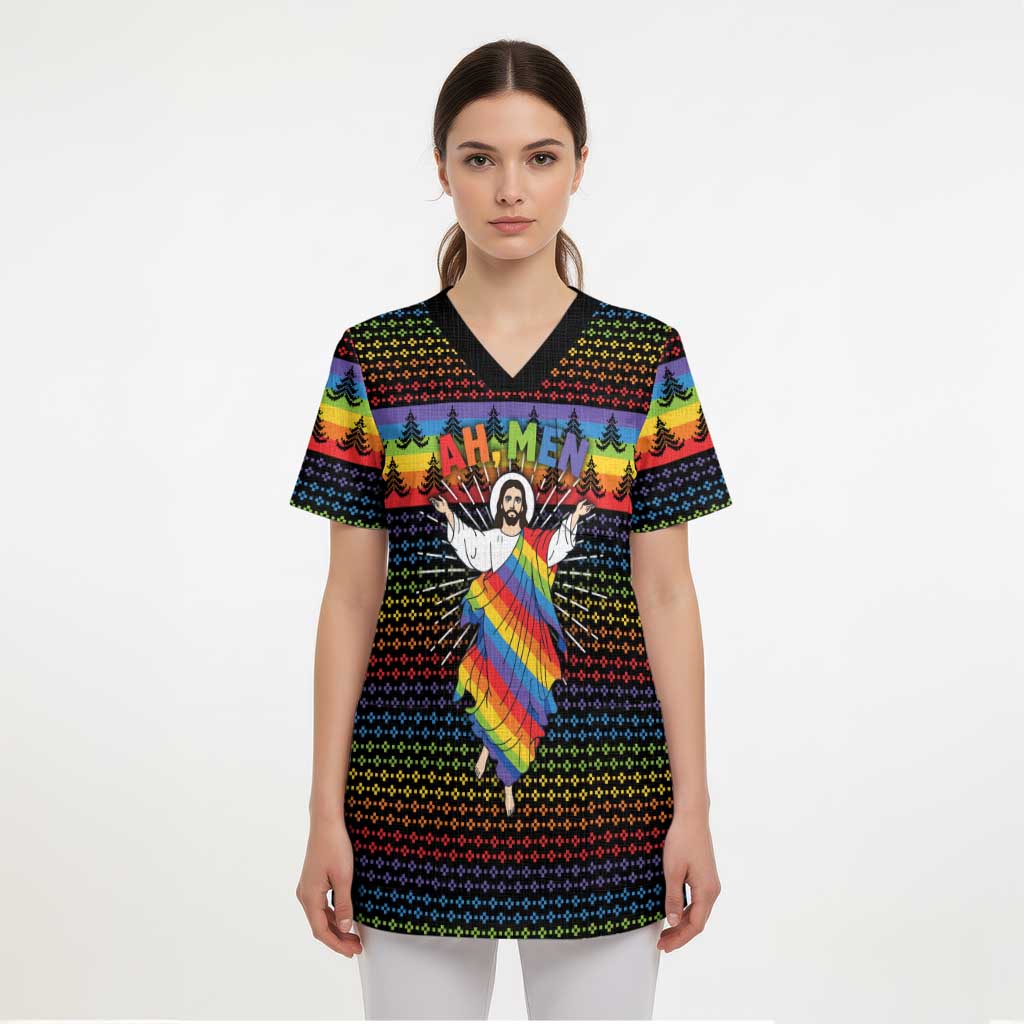 Rainbow Jesus Ah Men Christmas Scrub Top with Colorful Stripes and Holiday Pattern - Wonder Print Shop