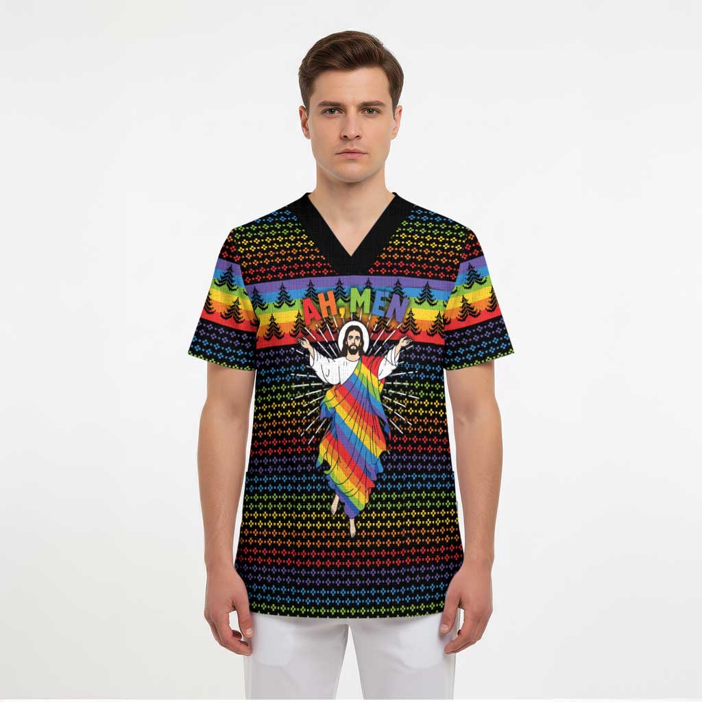 Rainbow Jesus Ah Men Christmas Scrub Top with Colorful Stripes and Holiday Pattern - Wonder Print Shop