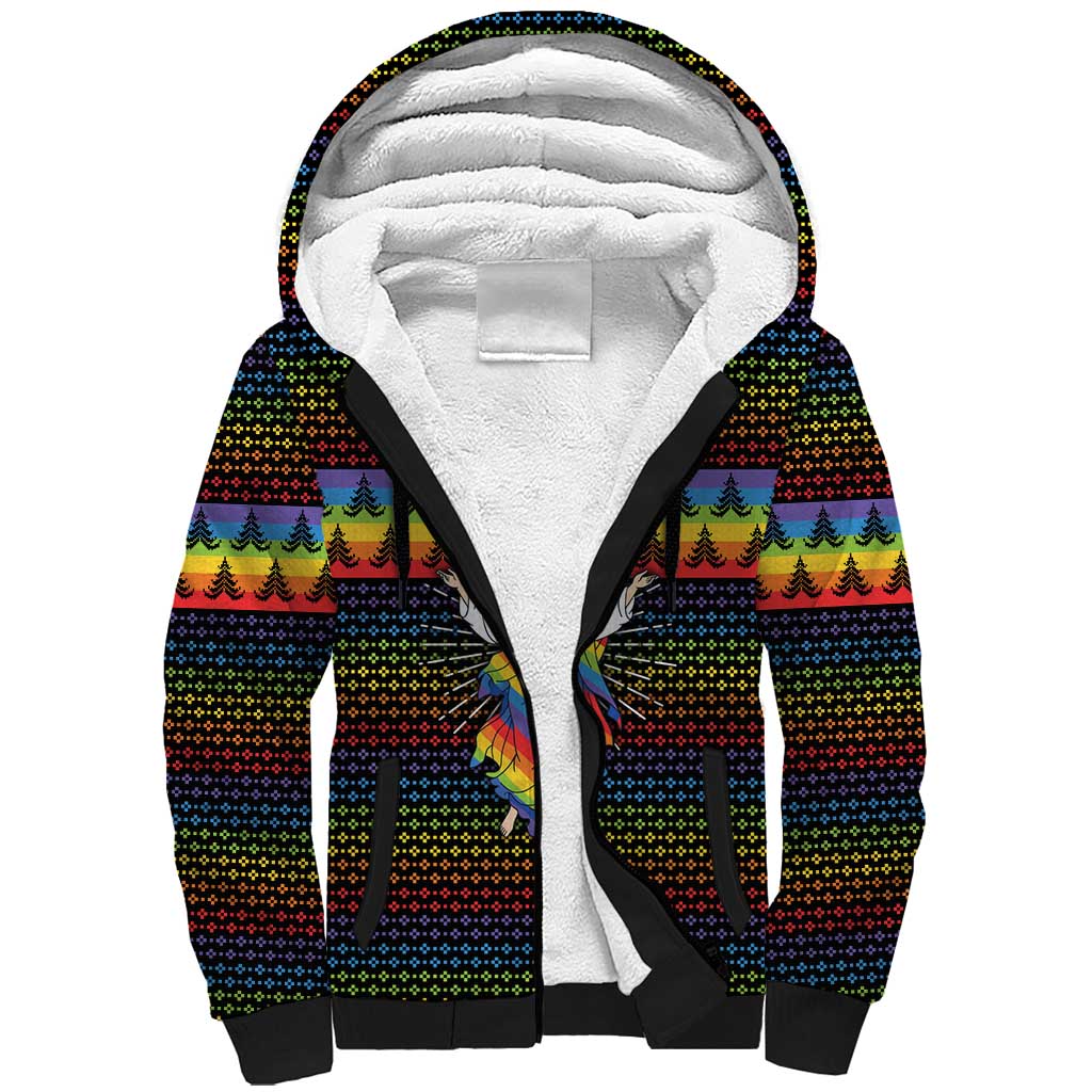 Rainbow Jesus Ah Men Christmas Sherpa Hoodie with Colorful Stripes and Holiday Pattern - Wonder Print Shop