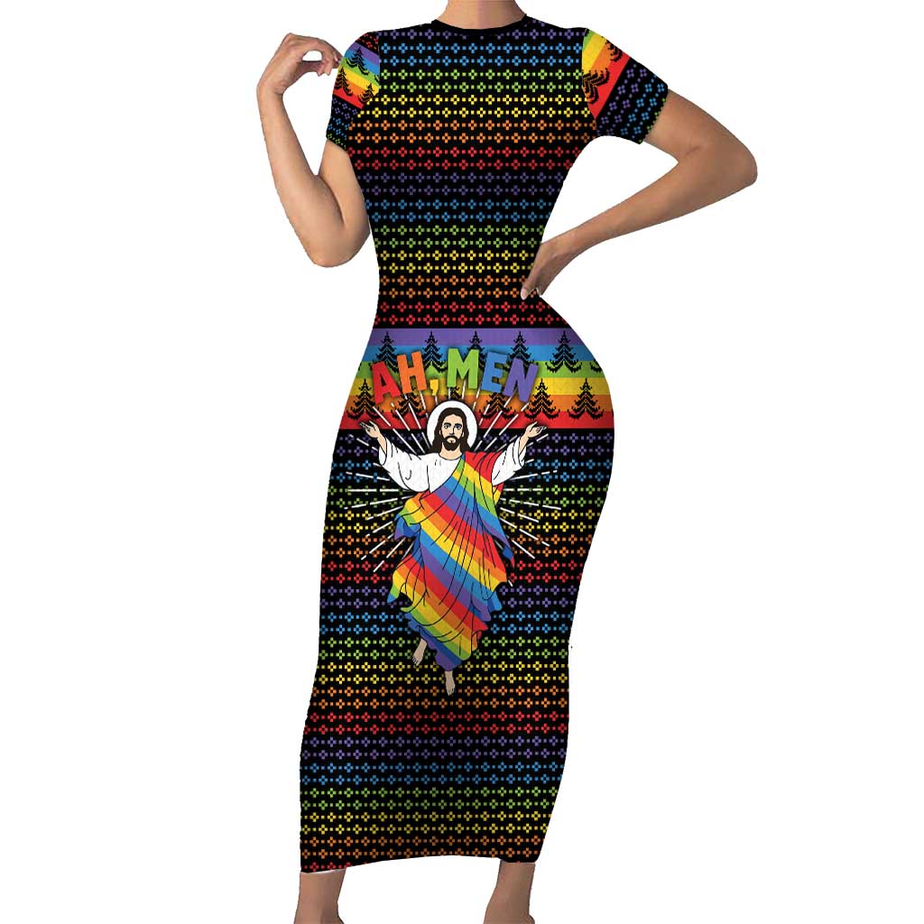 Rainbow Jesus Ah Men Christmas Short Sleeve Bodycon Dress with Colorful Stripes and Holiday Pattern - Wonder Print Shop