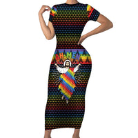 Rainbow Jesus Ah Men Christmas Short Sleeve Bodycon Dress with Colorful Stripes and Holiday Pattern - Wonder Print Shop