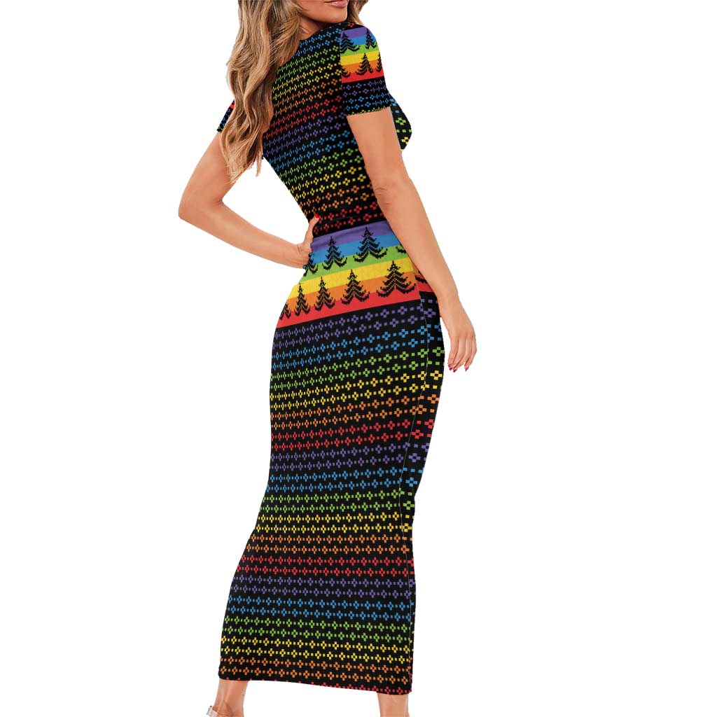 Rainbow Jesus Ah Men Christmas Short Sleeve Bodycon Dress with Colorful Stripes and Holiday Pattern - Wonder Print Shop