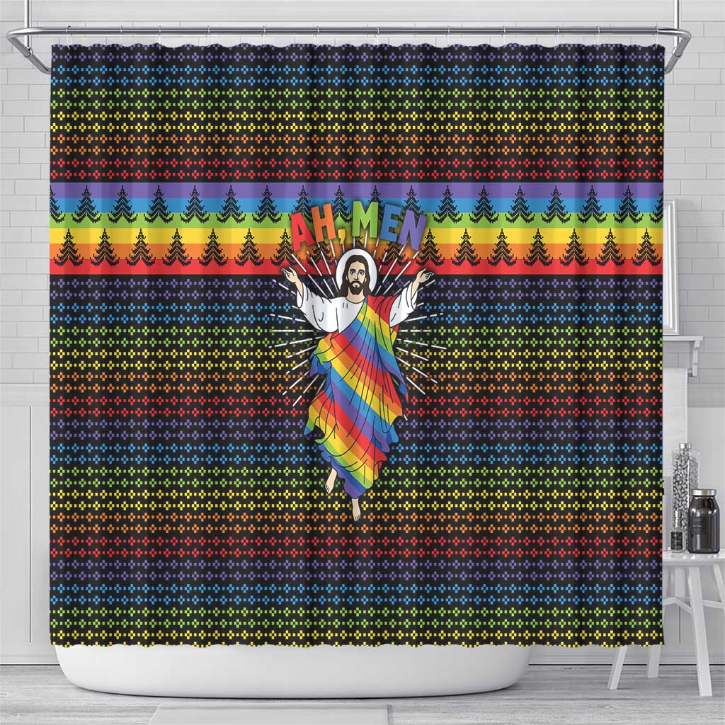 Rainbow Jesus Ah Men Christmas Shower Curtain with Colorful Stripes and Holiday Pattern - Wonder Print Shop