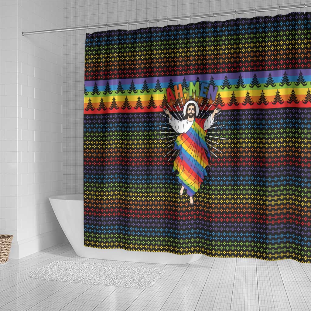 Rainbow Jesus Ah Men Christmas Shower Curtain with Colorful Stripes and Holiday Pattern - Wonder Print Shop