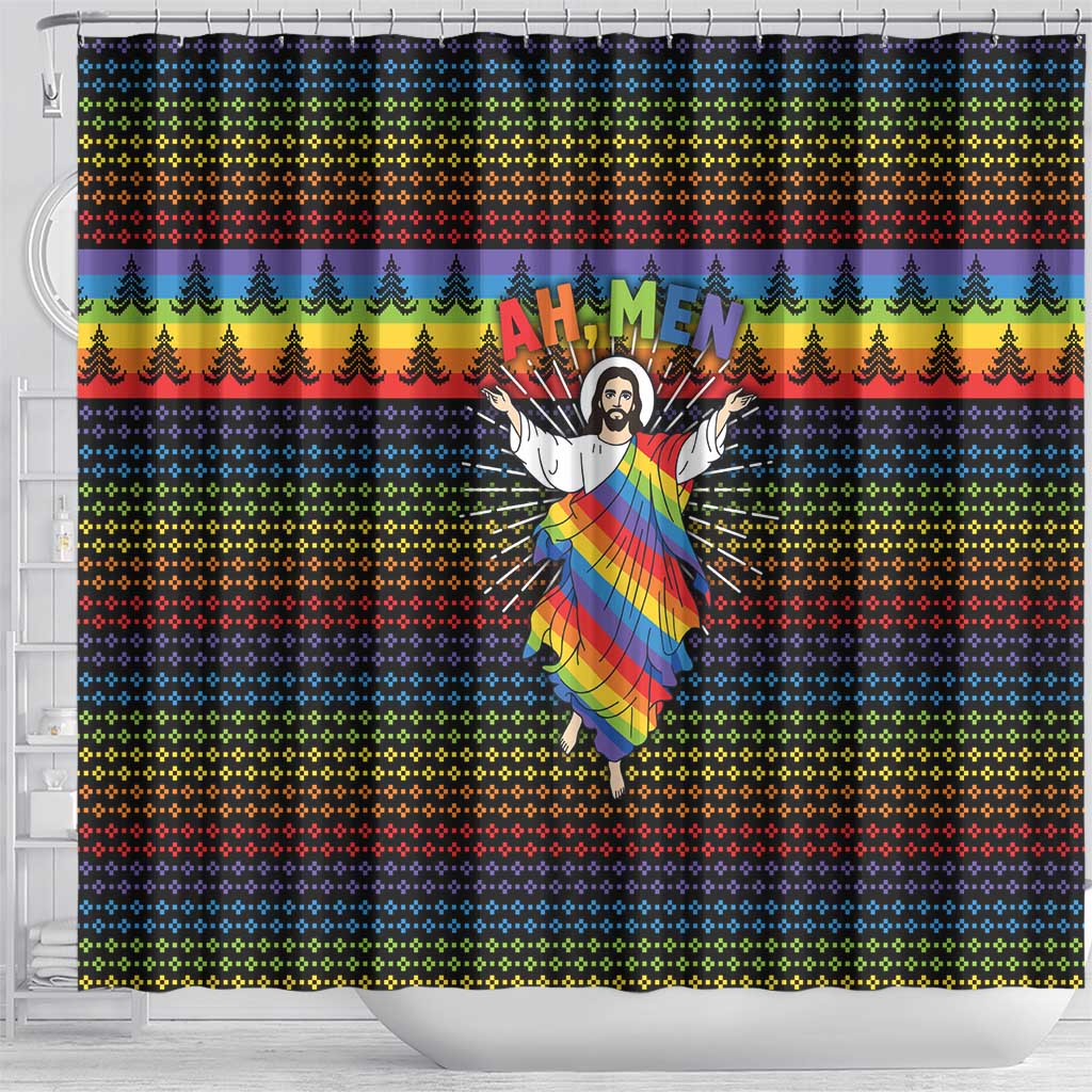 Rainbow Jesus Ah Men Christmas Shower Curtain with Colorful Stripes and Holiday Pattern - Wonder Print Shop