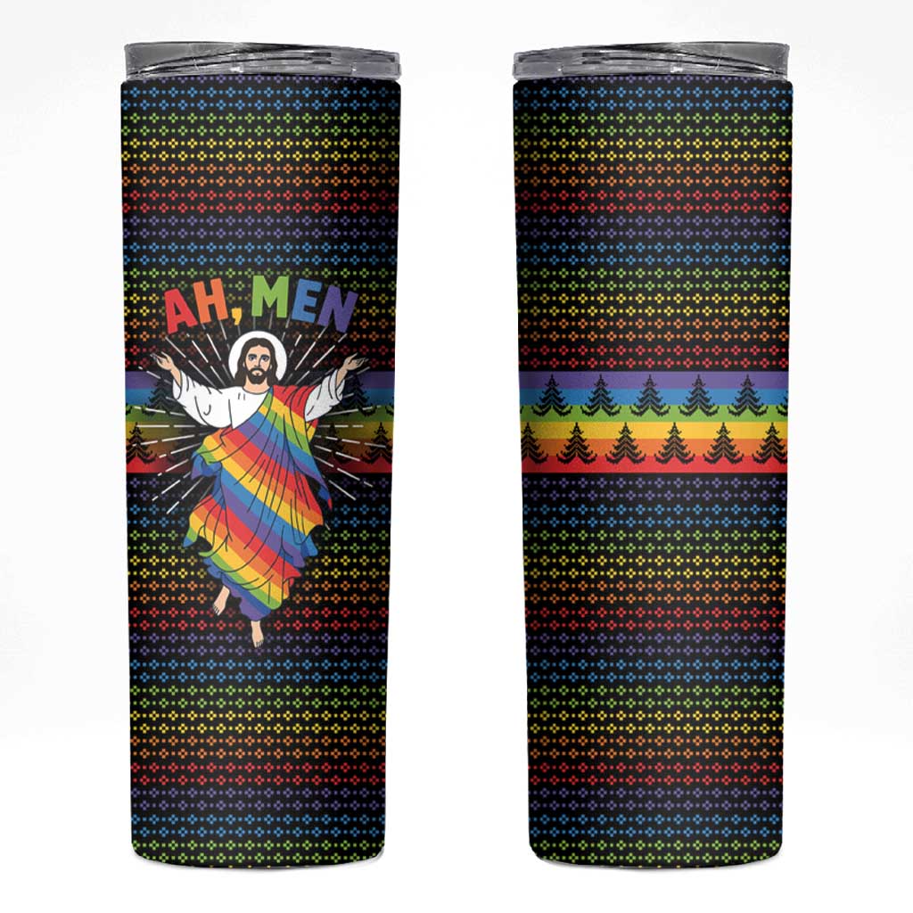 Rainbow Jesus Ah Men Christmas Skinny Tumbler with Colorful Stripes and Holiday Pattern - Wonder Print Shop