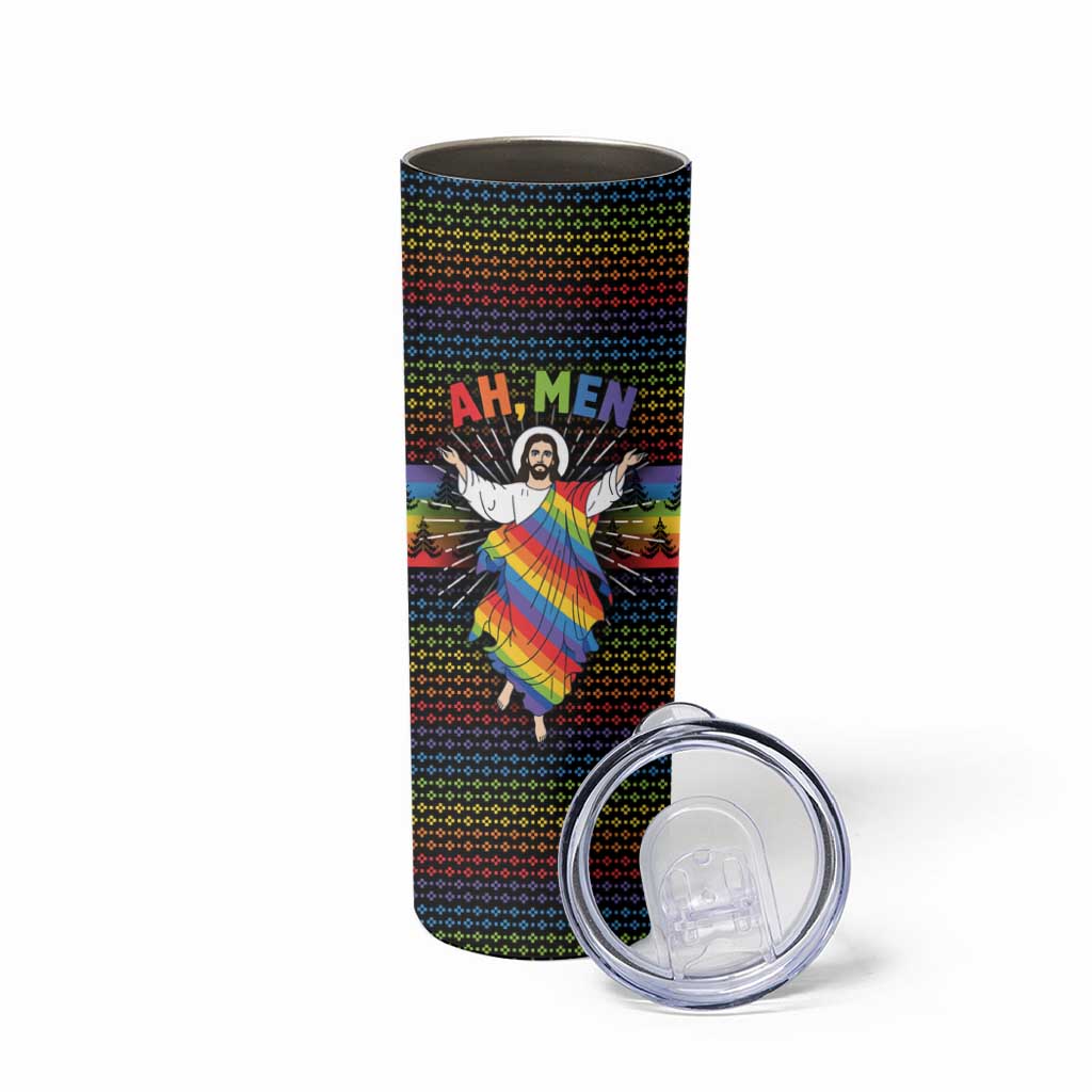 Rainbow Jesus Ah Men Christmas Skinny Tumbler with Colorful Stripes and Holiday Pattern - Wonder Print Shop