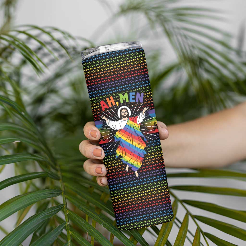 Rainbow Jesus Ah Men Christmas Skinny Tumbler with Colorful Stripes and Holiday Pattern - Wonder Print Shop