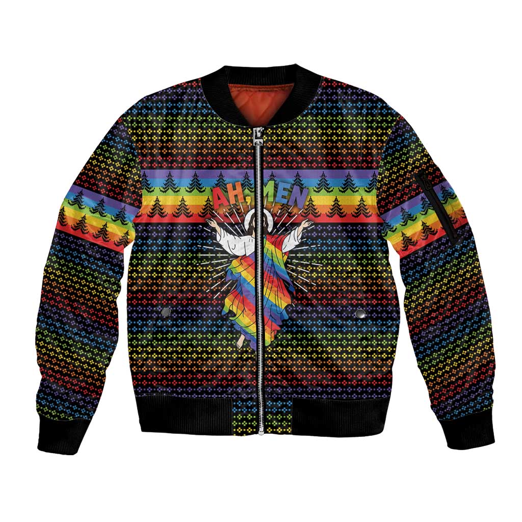 Rainbow Jesus Ah Men Christmas Sleeve Zip Bomber Jacket with Colorful Stripes and Holiday Pattern - Wonder Print Shop