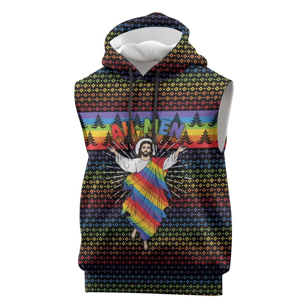 Rainbow Jesus Ah Men Christmas Sleeveless Hoodie with Colorful Stripes and Holiday Pattern - Wonder Print Shop