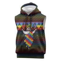 Rainbow Jesus Ah Men Christmas Sleeveless Hoodie with Colorful Stripes and Holiday Pattern - Wonder Print Shop