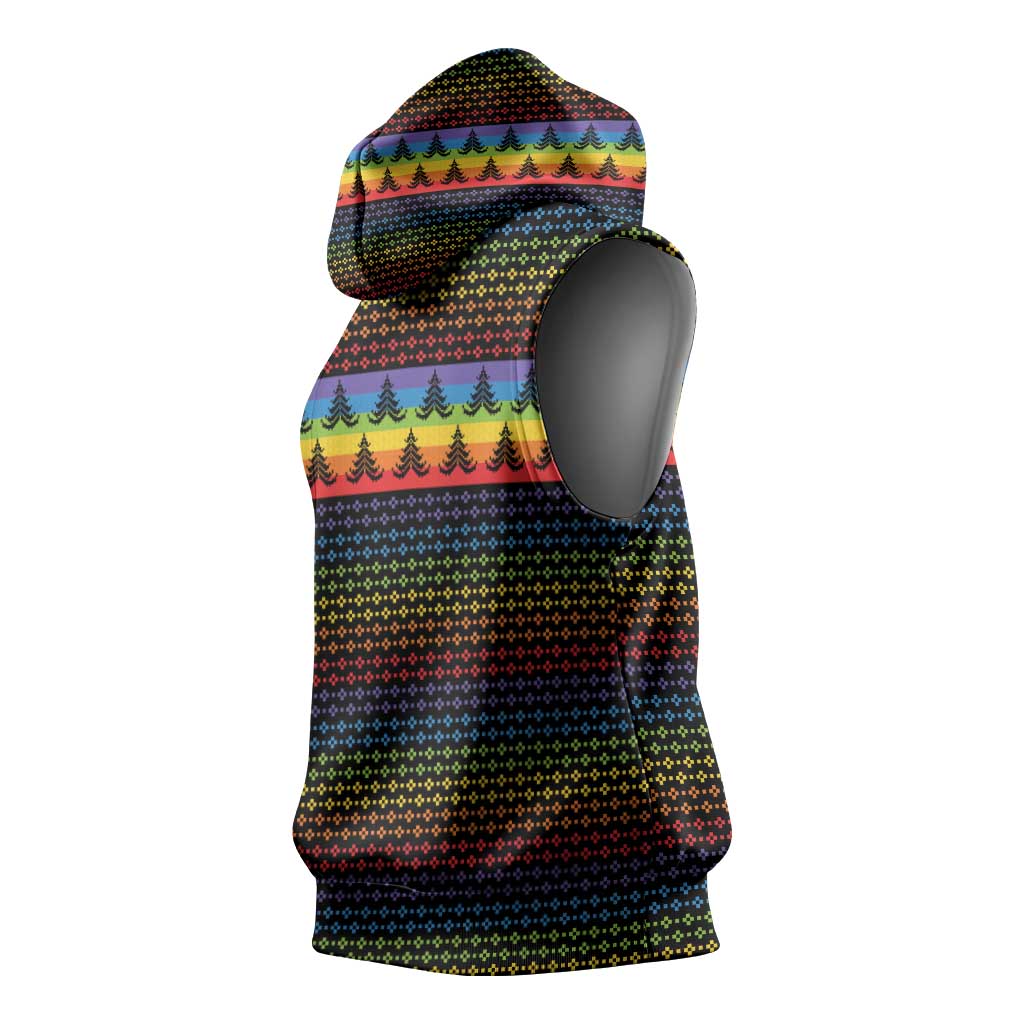 Rainbow Jesus Ah Men Christmas Sleeveless Hoodie with Colorful Stripes and Holiday Pattern - Wonder Print Shop