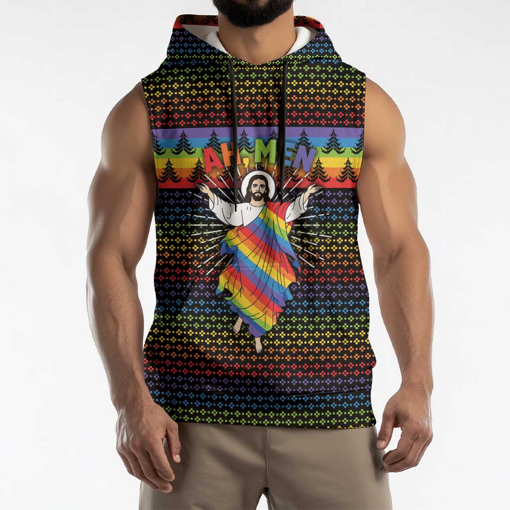 Rainbow Jesus Ah Men Christmas Sleeveless Hoodie with Colorful Stripes and Holiday Pattern - Wonder Print Shop