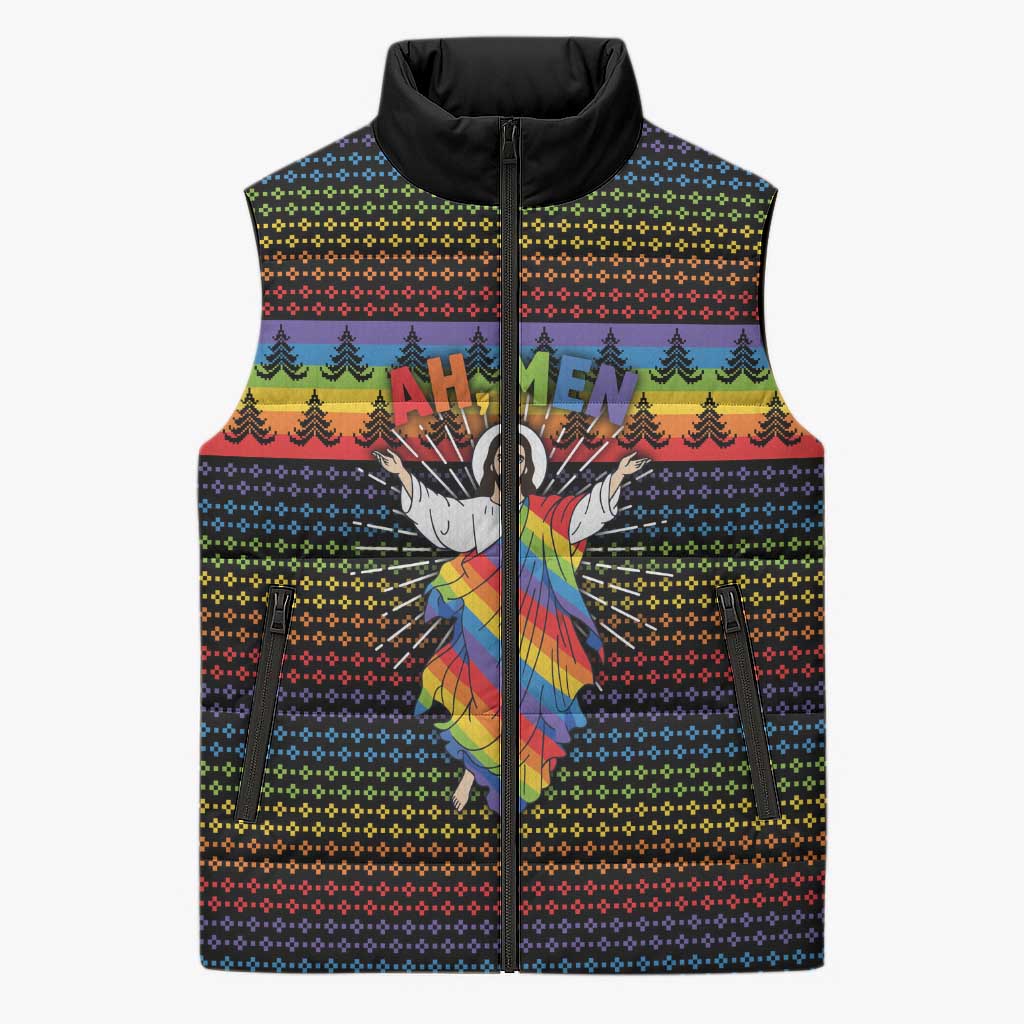 Rainbow Jesus Ah Men Christmas Sleeveless Puffer Jacket with Colorful Stripes and Holiday Pattern - Wonder Print Shop