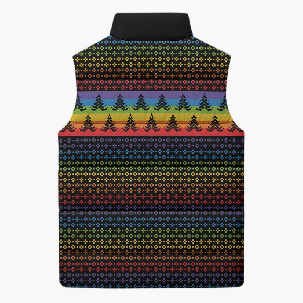 Rainbow Jesus Ah Men Christmas Sleeveless Puffer Jacket with Colorful Stripes and Holiday Pattern - Wonder Print Shop