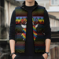Rainbow Jesus Ah Men Christmas Sleeveless Puffer Jacket with Colorful Stripes and Holiday Pattern - Wonder Print Shop