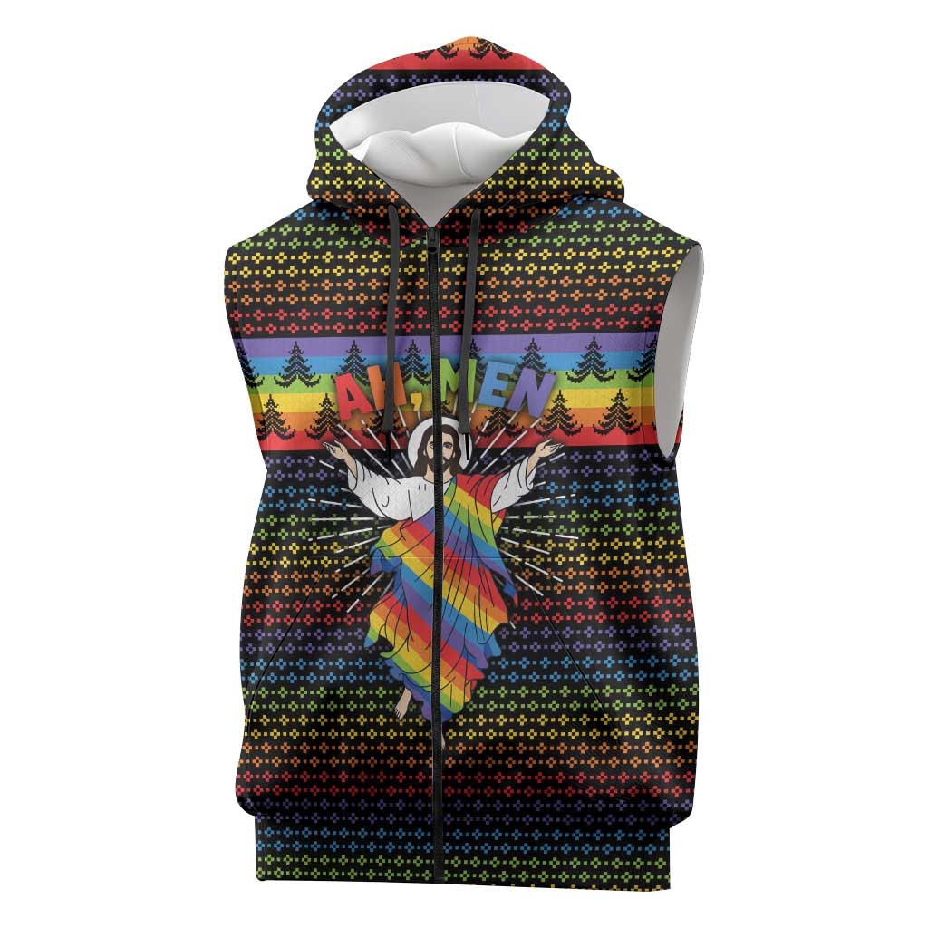 Rainbow Jesus Ah Men Christmas Sleeveless Zip Hoodie with Colorful Stripes and Holiday Pattern - Wonder Print Shop