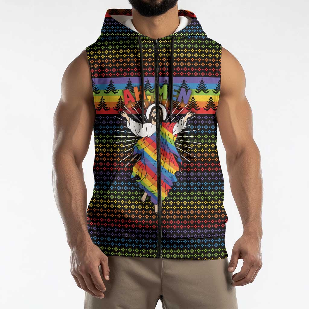 Rainbow Jesus Ah Men Christmas Sleeveless Zip Hoodie with Colorful Stripes and Holiday Pattern - Wonder Print Shop