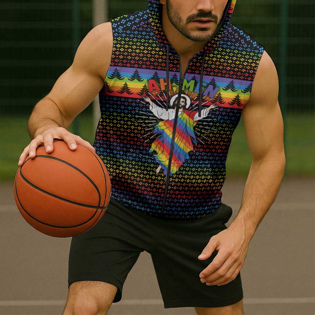 Rainbow Jesus Ah Men Christmas Sleeveless Zip Hoodie with Colorful Stripes and Holiday Pattern - Wonder Print Shop