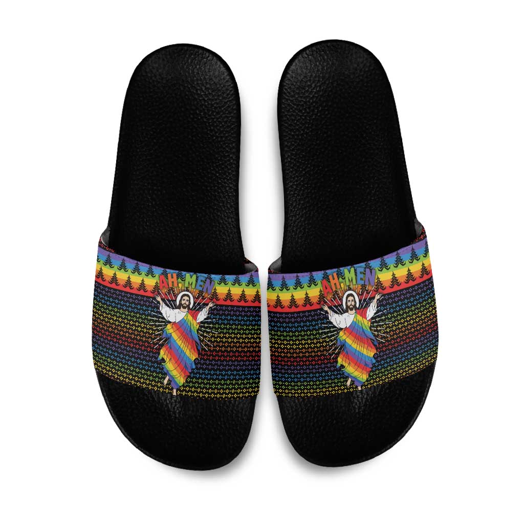 Rainbow Jesus Ah Men Christmas Slide Sandals with Colorful Stripes and Holiday Pattern - Wonder Print Shop
