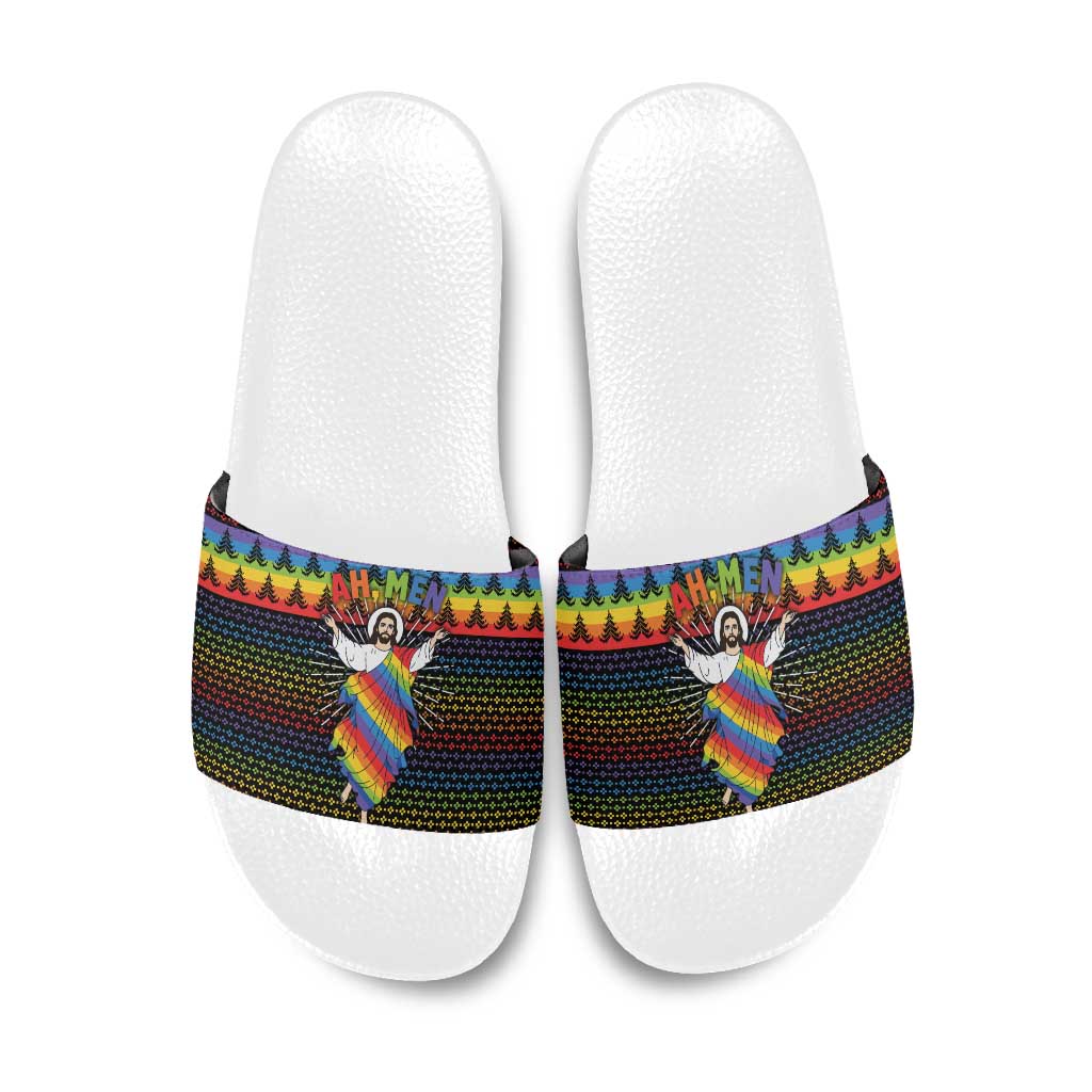 Rainbow Jesus Ah Men Christmas Slide Sandals with Colorful Stripes and Holiday Pattern - Wonder Print Shop