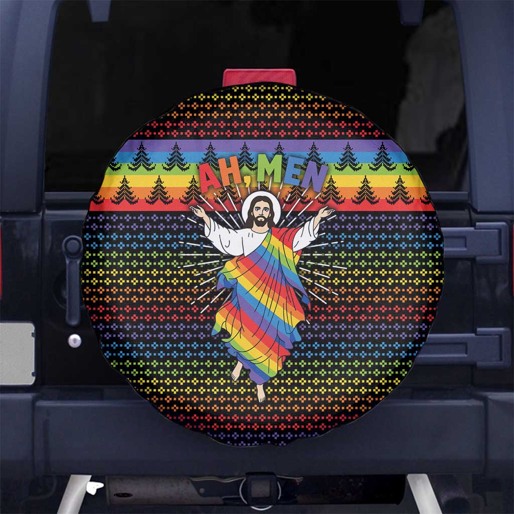 Rainbow Jesus Ah Men Christmas Spare Tire Cover with Colorful Stripes and Holiday Pattern - Wonder Print Shop