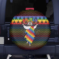 Rainbow Jesus Ah Men Christmas Spare Tire Cover with Colorful Stripes and Holiday Pattern - Wonder Print Shop