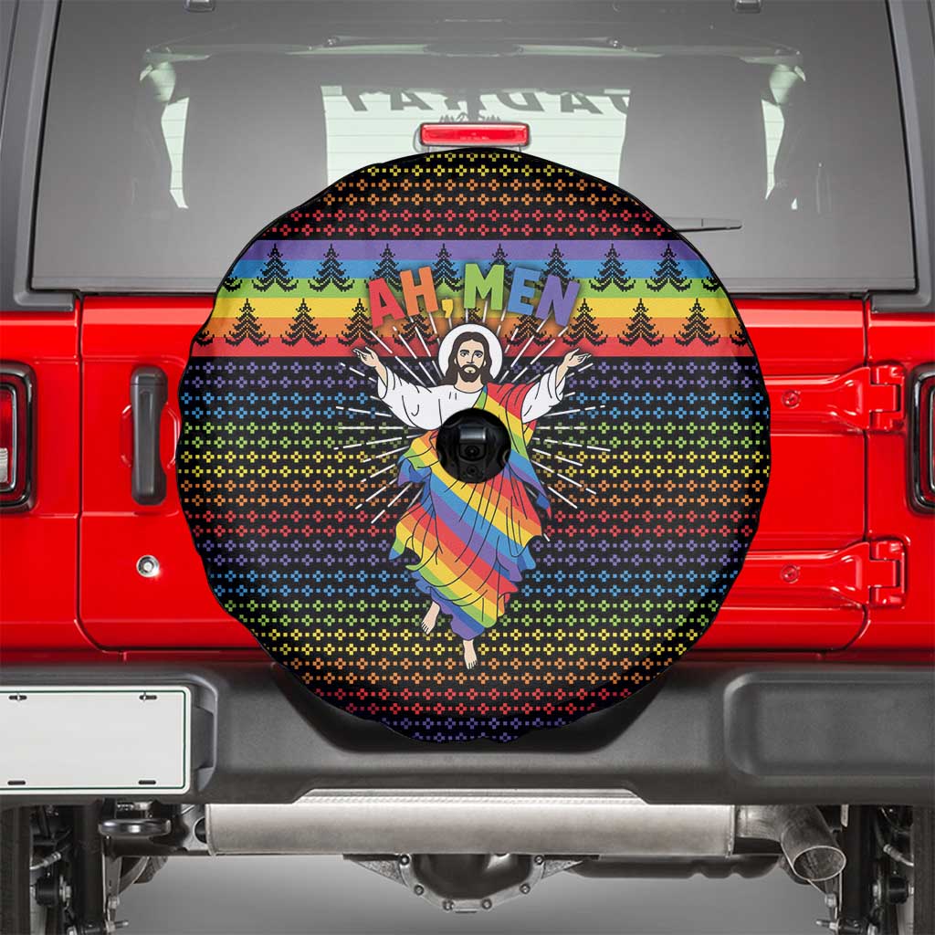 Rainbow Jesus Ah Men Christmas Spare Tire Cover with Colorful Stripes and Holiday Pattern - Wonder Print Shop
