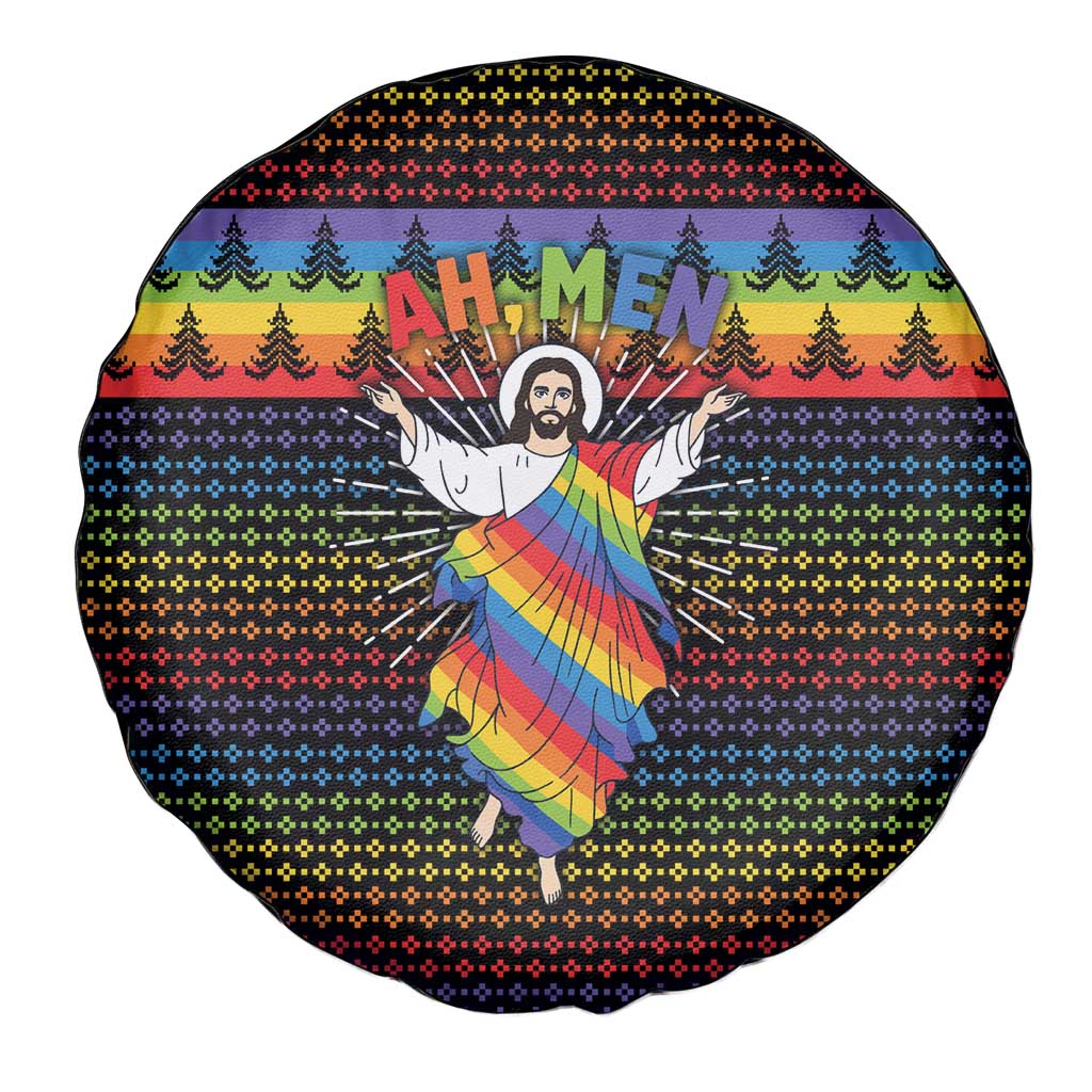 Rainbow Jesus Ah Men Christmas Spare Tire Cover with Colorful Stripes and Holiday Pattern - Wonder Print Shop