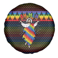 Rainbow Jesus Ah Men Christmas Spare Tire Cover with Colorful Stripes and Holiday Pattern - Wonder Print Shop