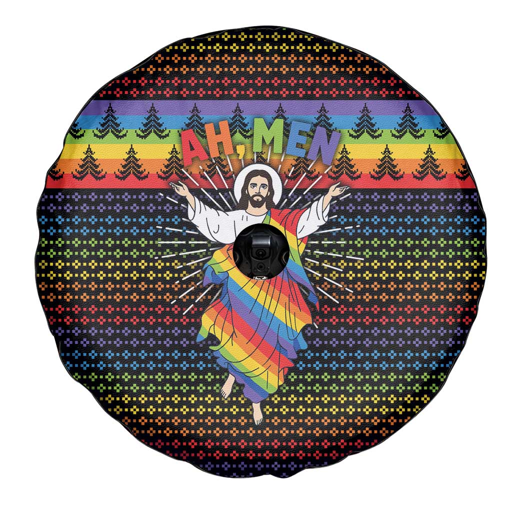 Rainbow Jesus Ah Men Christmas Spare Tire Cover with Colorful Stripes and Holiday Pattern - Wonder Print Shop