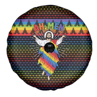 Rainbow Jesus Ah Men Christmas Spare Tire Cover with Colorful Stripes and Holiday Pattern - Wonder Print Shop