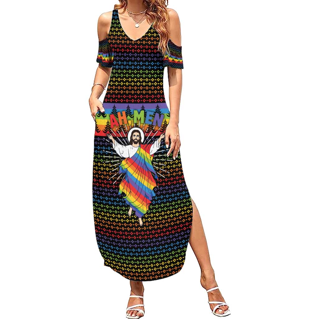 Rainbow Jesus Ah Men Christmas Summer Maxi Dress with Colorful Stripes and Holiday Pattern - Wonder Print Shop