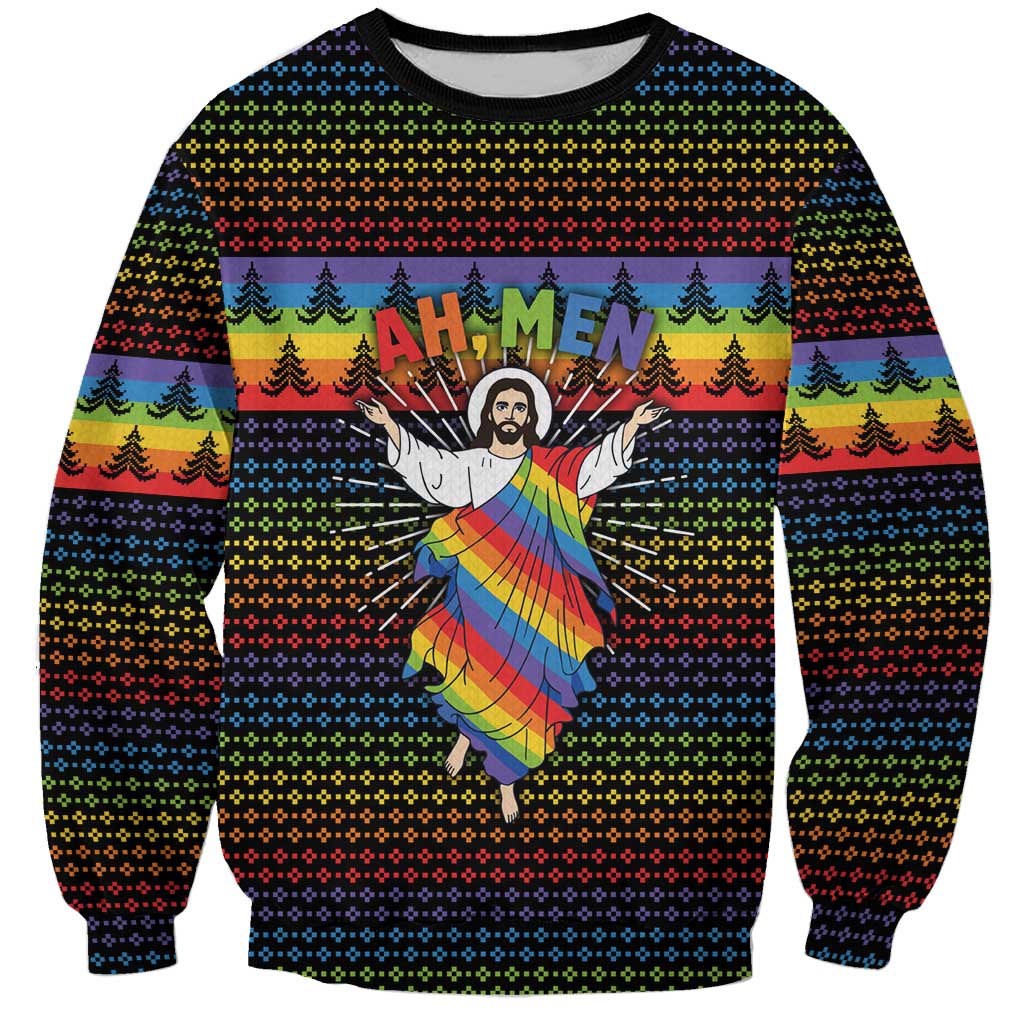 Rainbow Jesus Ah Men Christmas Sweatshirt with Colorful Stripes and Holiday Pattern - Wonder Print Shop