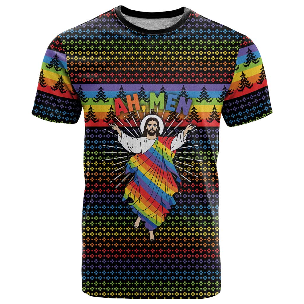 Rainbow Jesus Ah Men Christmas T Shirt with Colorful Stripes and Holiday Pattern - Wonder Print Shop