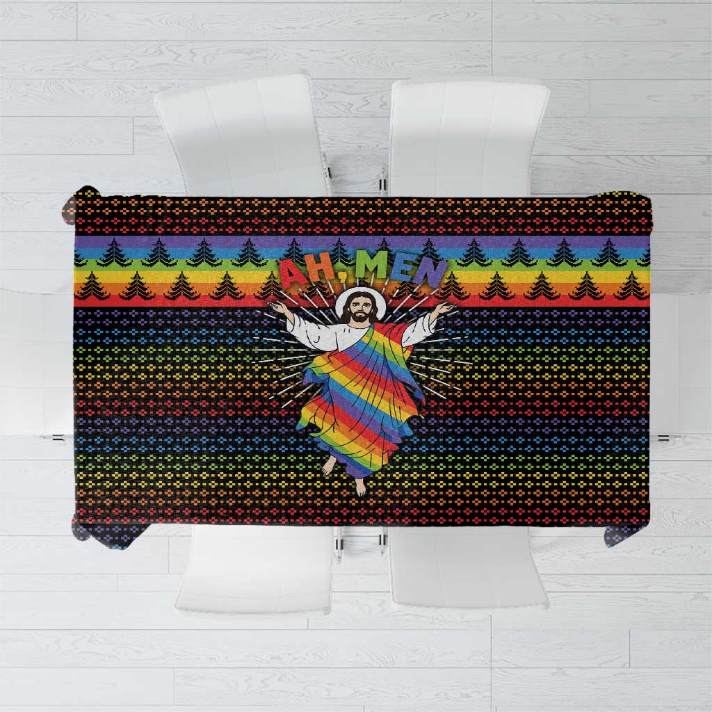 Rainbow Jesus Ah Men Christmas Tablecloth with Colorful Stripes and Holiday Pattern - Wonder Print Shop