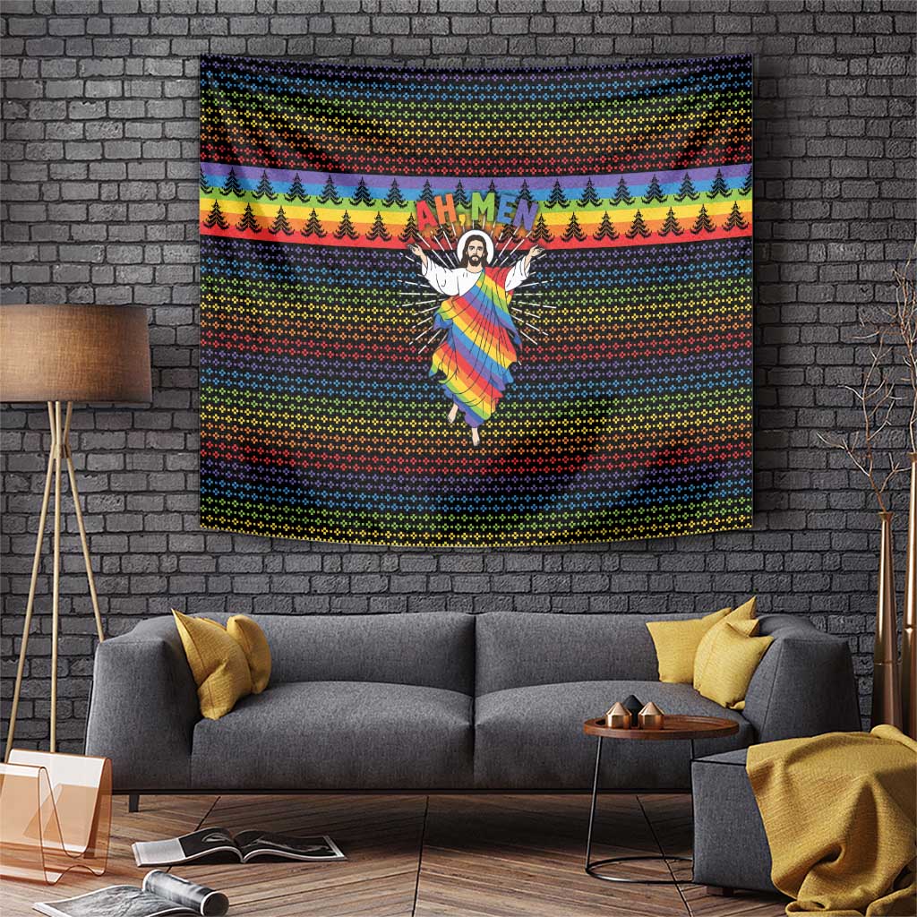 Rainbow Jesus Ah Men Christmas Tapestry with Colorful Stripes and Holiday Pattern - Wonder Print Shop