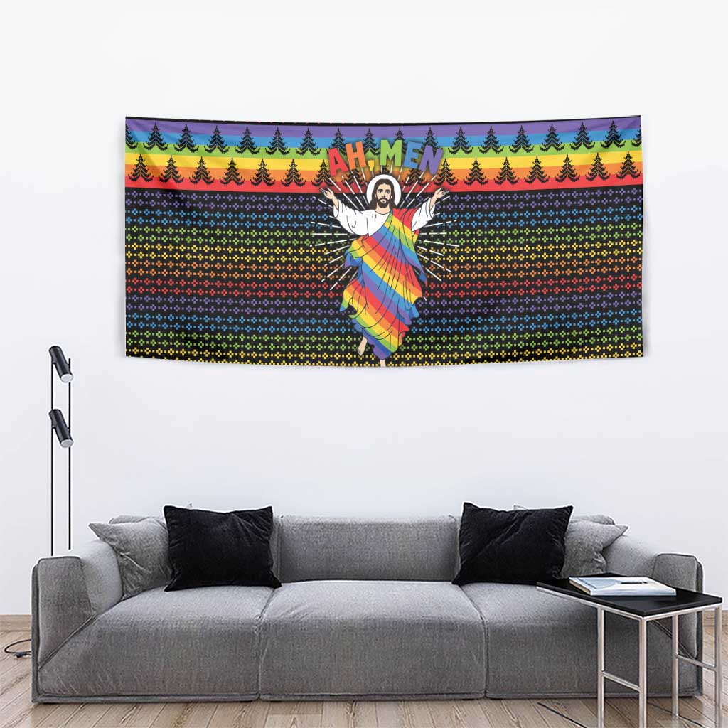 Rainbow Jesus Ah Men Christmas Tapestry with Colorful Stripes and Holiday Pattern - Wonder Print Shop