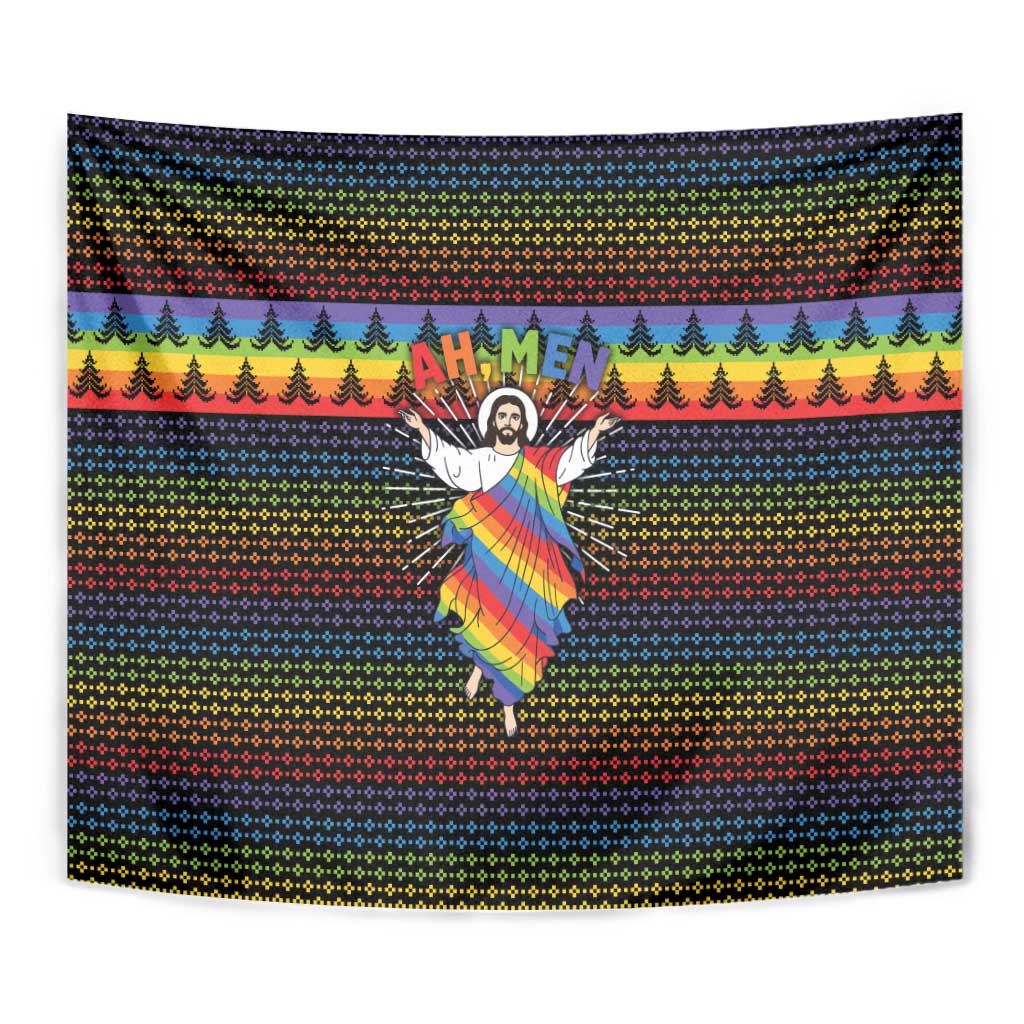 Rainbow Jesus Ah Men Christmas Tapestry with Colorful Stripes and Holiday Pattern - Wonder Print Shop