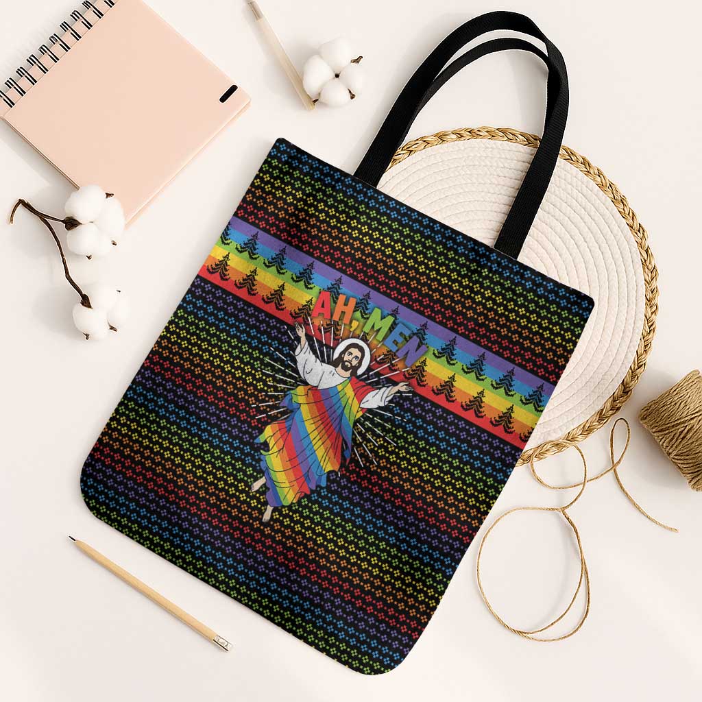Rainbow Jesus Ah Men Christmas Tote Bag with Colorful Stripes and Holiday Pattern - Wonder Print Shop