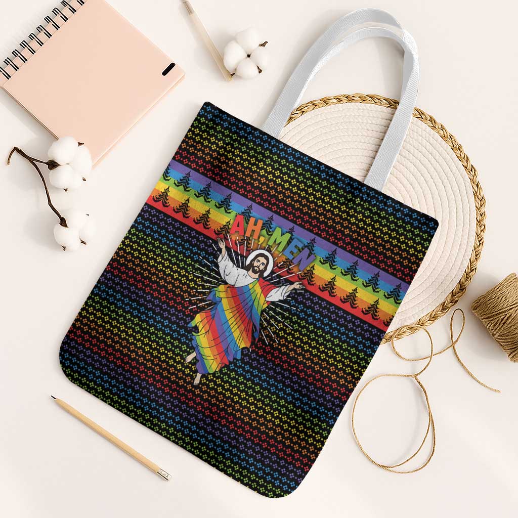 Rainbow Jesus Ah Men Christmas Tote Bag with Colorful Stripes and Holiday Pattern - Wonder Print Shop
